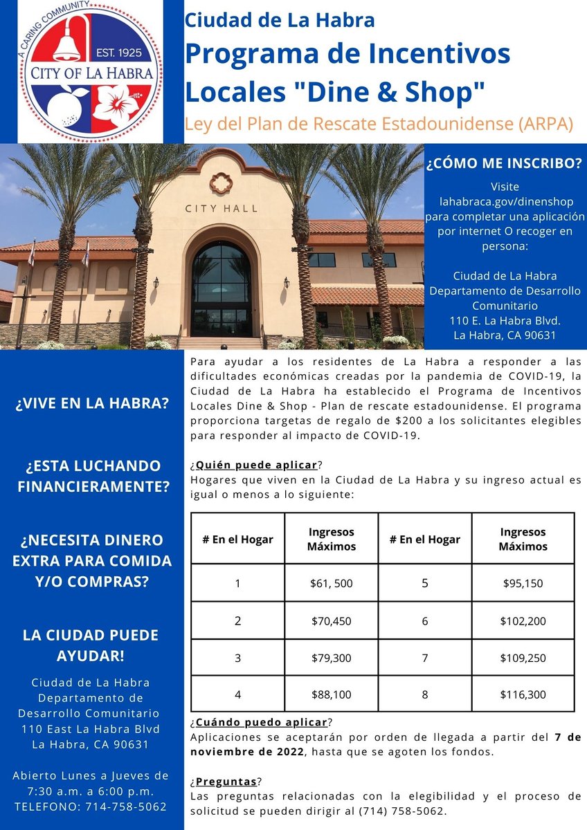 La Habra, CA (@lahabraca) on Twitter photo <a href="/LaHabraCA/">La Habra, CA</a> Dine & Shop Program offers $200 gift cards to eligible households. Apps accepted "first-come, first-serve" beginning Nov 7 until funds exhausted. Questions, call 562-383-4108 or 714-758-5062. <a href="/LaHabraCA/">La Habra, CA</a> Dine & Shop Program offers $200 gift cards to eligible households. Apps accepted "first-come, first-serve" beginning Nov 7 until funds exhausted. Questions, call 562-383-4108 or 714-758-5062.