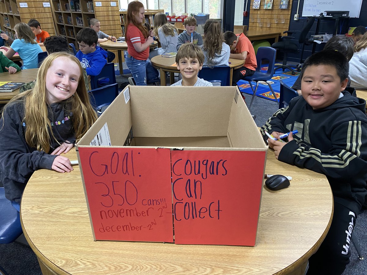 AtkinsonElem's tweet photo. 5th graders are focusing on #Habit2 by working on a community project - a canned food drive! They set a goal of collecting 350 food items to donate to a local food pantry. 

Donate nonperishable goods now - Dec. 2! Operation "Cougars Can Collect" is in full swing! 

#WeAreATK🐾 https://t.co/z31iz629bx