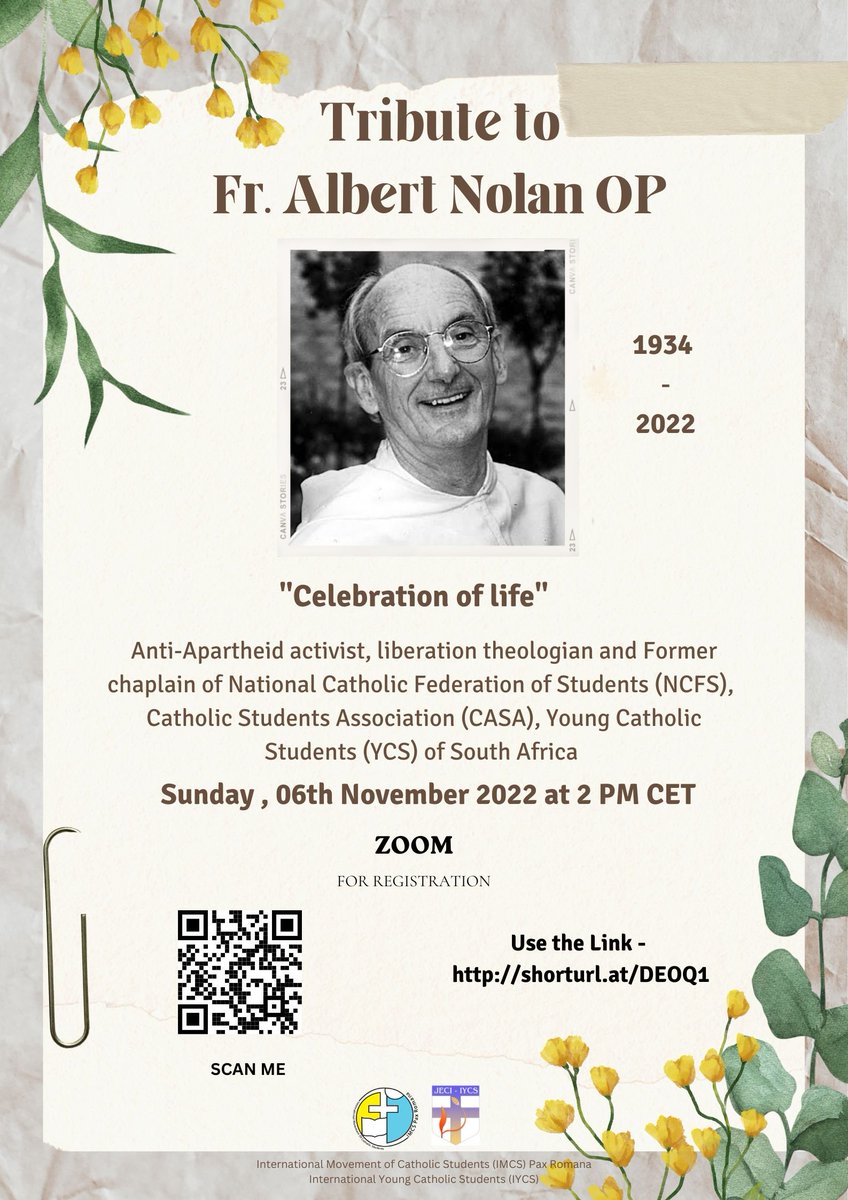 PaxRomanaIMCS's tweet photo. Join with us on 6th November 2022 at 2 PM CET through Zoom to celebrate the life of Fr. Albert Nolan OP.

Registration Link https://t.co/oOIlkGIQqc

@solasbide @AusCardijnInst @IYCSJECItweets @PIcmica @ACTSNational

#AlbertNolan #Jutice #Peace #LiberationTheology https://t.co/oxQSwQ0Ag5