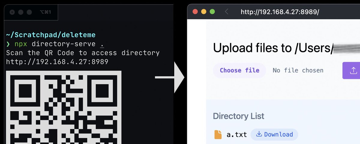 JavaScriptDaily's tweet photo. Run `npx directory-serve .` and your current directory gets served up over HTTP to your local network. You get a QR code, too, if you want to transfer a file to your phone, say. https://t.co/fK9F8iqyWY