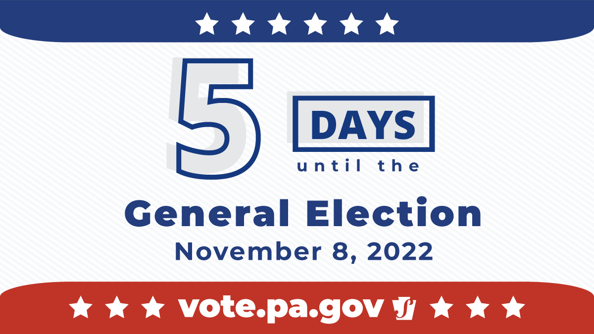 PAStateDept's tweet photo. 5 days until the election. Know your rights at the polls: https://t.co/ICQXZ1AR15 
Hand deliver your voted mail ballot to your county’s election board office or other designated location today: https://t.co/XyY1GFV90I
#ReadytoVotePA https://t.co/zDFsxzVES6
