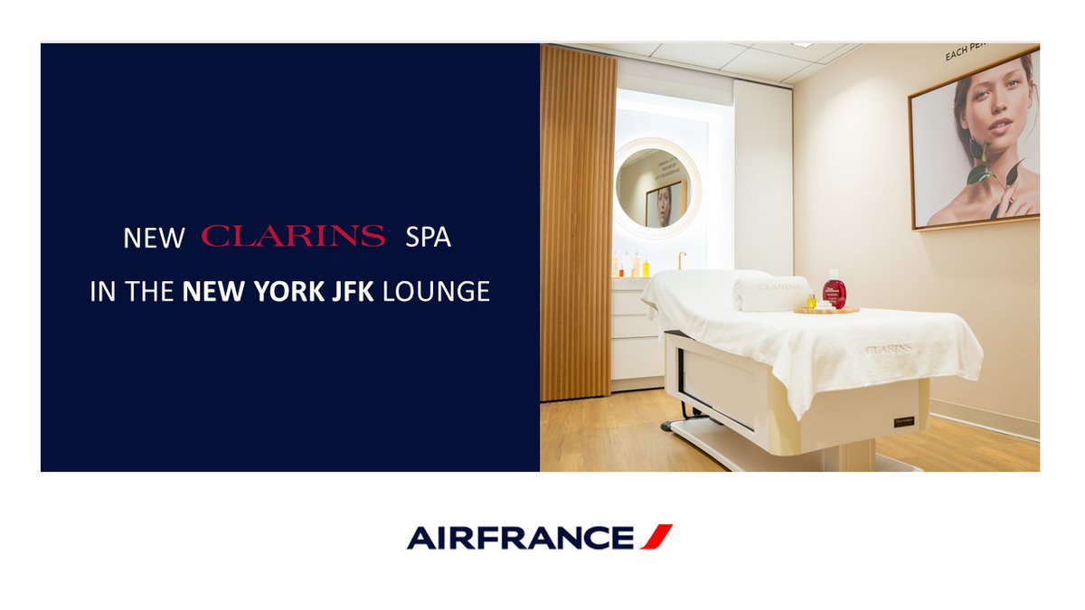 AFnewsroom's tweet photo. Yesterday, #AirFrance inaugurated a new spa in its #NewYork-JFK lounge, in partnership with the French beauty and skincare specialist @ClarinsFR.
For 17 years, #Clarins has been pampering Air France’s Business customers at every stage of their trip. https://t.co/yBiJUrOfzV https://t.co/O9x9TbD3zI