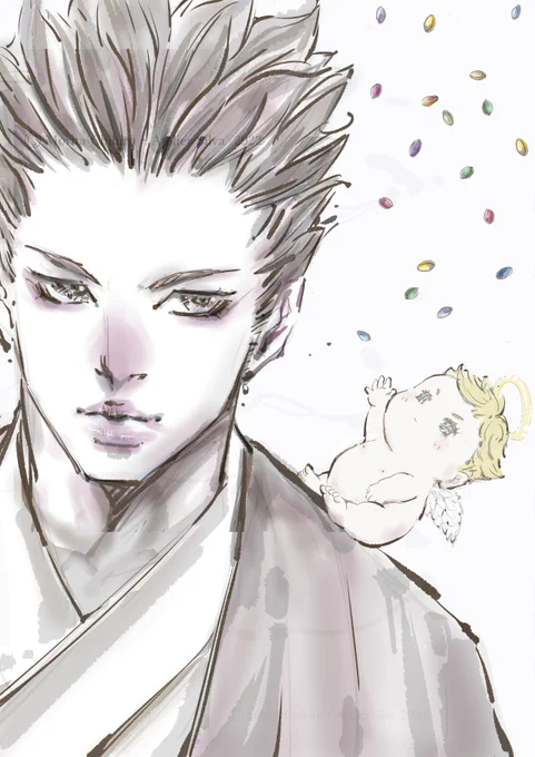 こっそり庭に咲く花を見つけて なでてあげるのさ...#イラスト #侍 #天使 #サムライライフ #illustration 