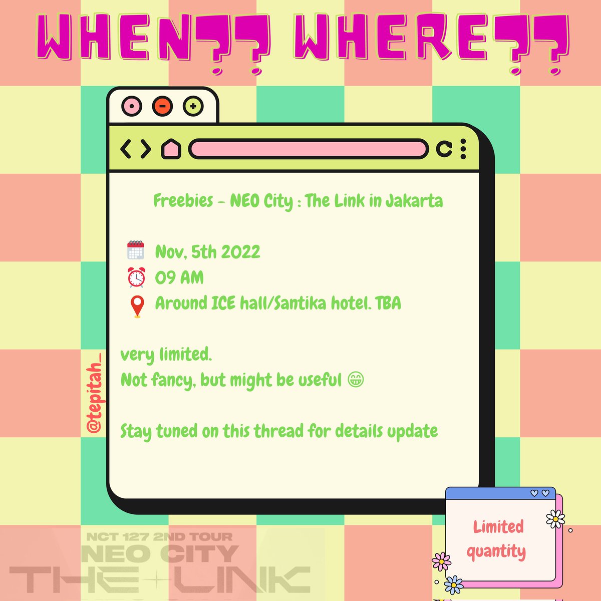 tepi91_'s tweet photo. ~FREEBIES THE LINK IN JAKARTA UPDATE~
π Nov, 5th 2022
β°οΈ Around 09AM
πICE hall/Santika hotel. TBA
1st come 1st serve
very limited
Not fancy but might be useful π
Stay tuned for meeting point update
#TheLinkinJKT #TheLinkinJakarta #NEOCITY_THE_LINK_JKT #THELINKTourJKT https://t.co/fXLr7k13Ho