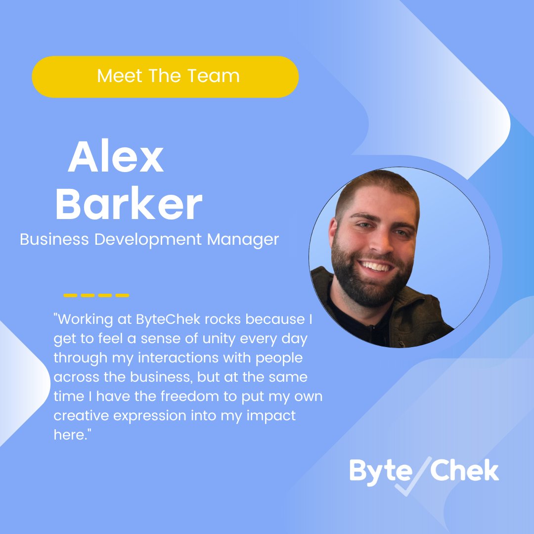 Meet The Team series continues ! 🎉

Meet: Alex Barker our Business Development Manager @ ByteChek.

Read Full Article here: hubs.li/Q01r79v30

#NowThatsaByteChek #peoplefirst