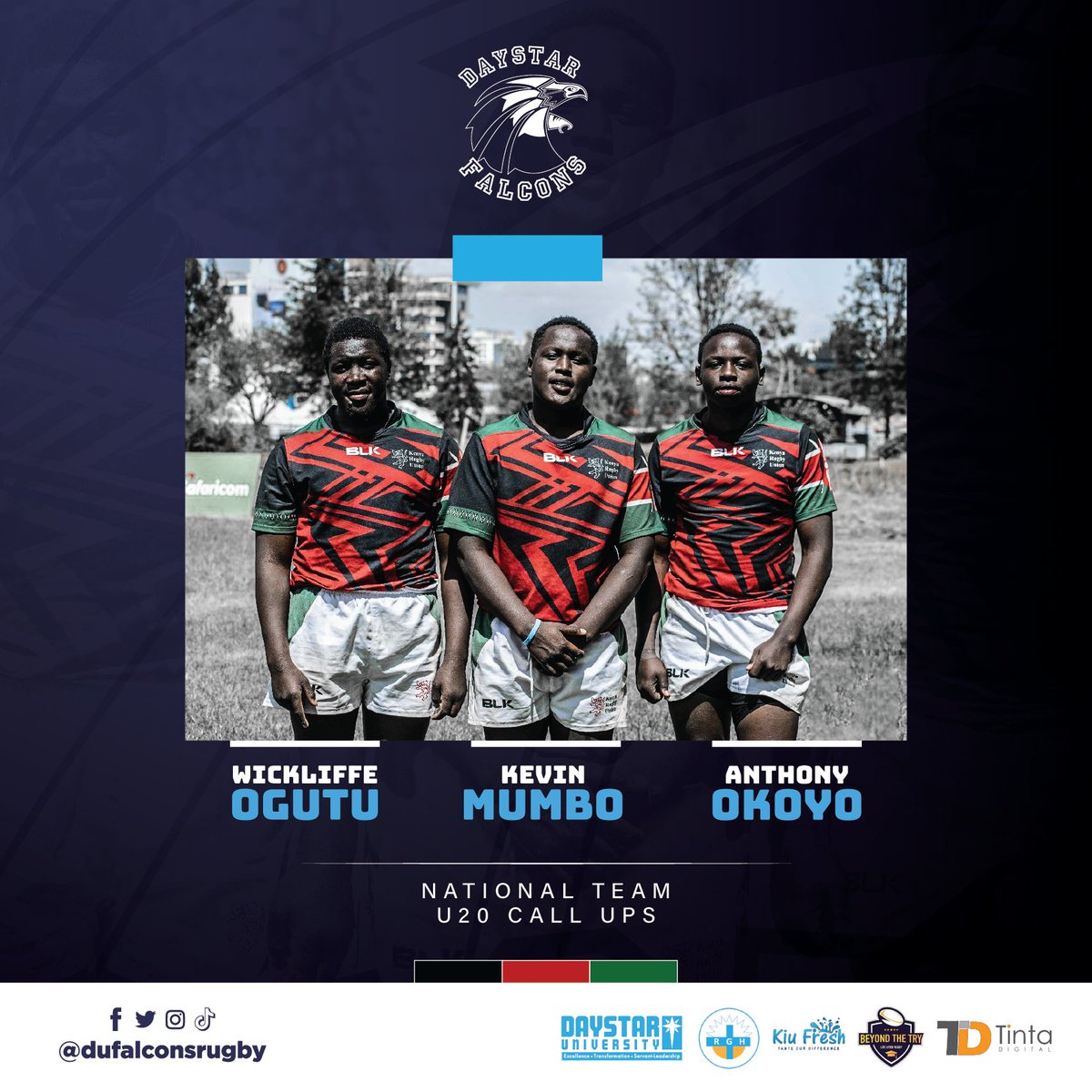 DUFalconsRugby's tweet photo. Last weekend saw these trio of Falcons represent the Kenya U20 squad in their match against Nakuru Universities (Combine) in their #Floodies2022 fixture.
Keep on grinding young lads.
#PoweredByDaystarUniversity
#BeyondTheTry
#TintaDigital
#KiuFresh
#TakeMatters
#FloodiesIsBack https://t.co/rwgUXXdqlI