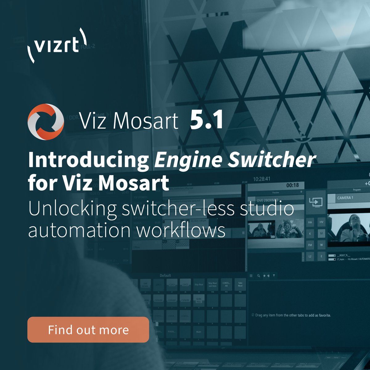 vizrt's tweet photo. Launching today, #VizMosart 5.1 unlocks switcher-less #StudioAutomation workflows with the new Engine Switcher feature enabling automated production of graphics-centric content & scene-based switching without needing a dedicated #switcher! https://t.co/vIhiDWYSJl https://t.co/5cYWzOB1N5