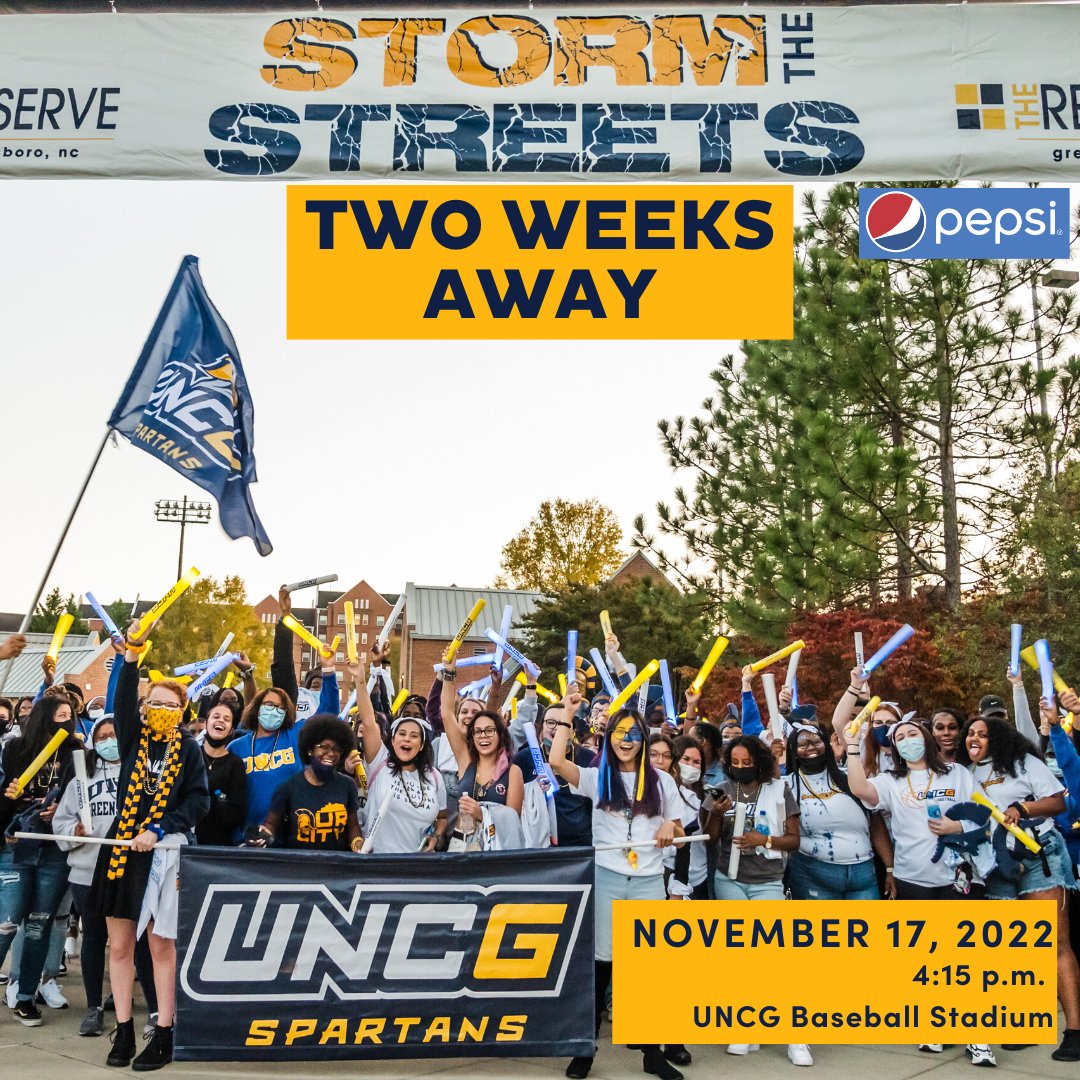 We are TWO WEEKS AWAY from Storm the Streets! Join us at the UNCG Baseball Stadium at 4:15 p.m. for free food, t-shirts, swag, and music! Make sure to dress in blue and gold attire for the Spirit Contest! <a href="/UNCG/">UNCG</a> <a href="/UNCGSuccess/">UNCG Success</a>  #uncg #uncg26 #letsgoG #UNCGStormTheStreets