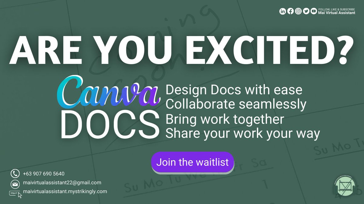 maivrtlassstnt's tweet photo. 𝙃𝙖𝙫𝙚 𝙮𝙤𝙪 𝙝𝙚𝙖𝙧𝙙 𝙩𝙝𝙚 𝙣𝙚𝙬𝙨 𝙮𝙚𝙩?😱

🎉Canva Docs is coming soon. Here's the link https://t.co/ZzAhWF3uFQ for you to join the waitlist and be one of the first to try Canva Docs.

Follow for more updates!
🔗https://t.co/Zsvxm0hpgq 

#maivirtualassistant https://t.co/Lxw6y46kY4