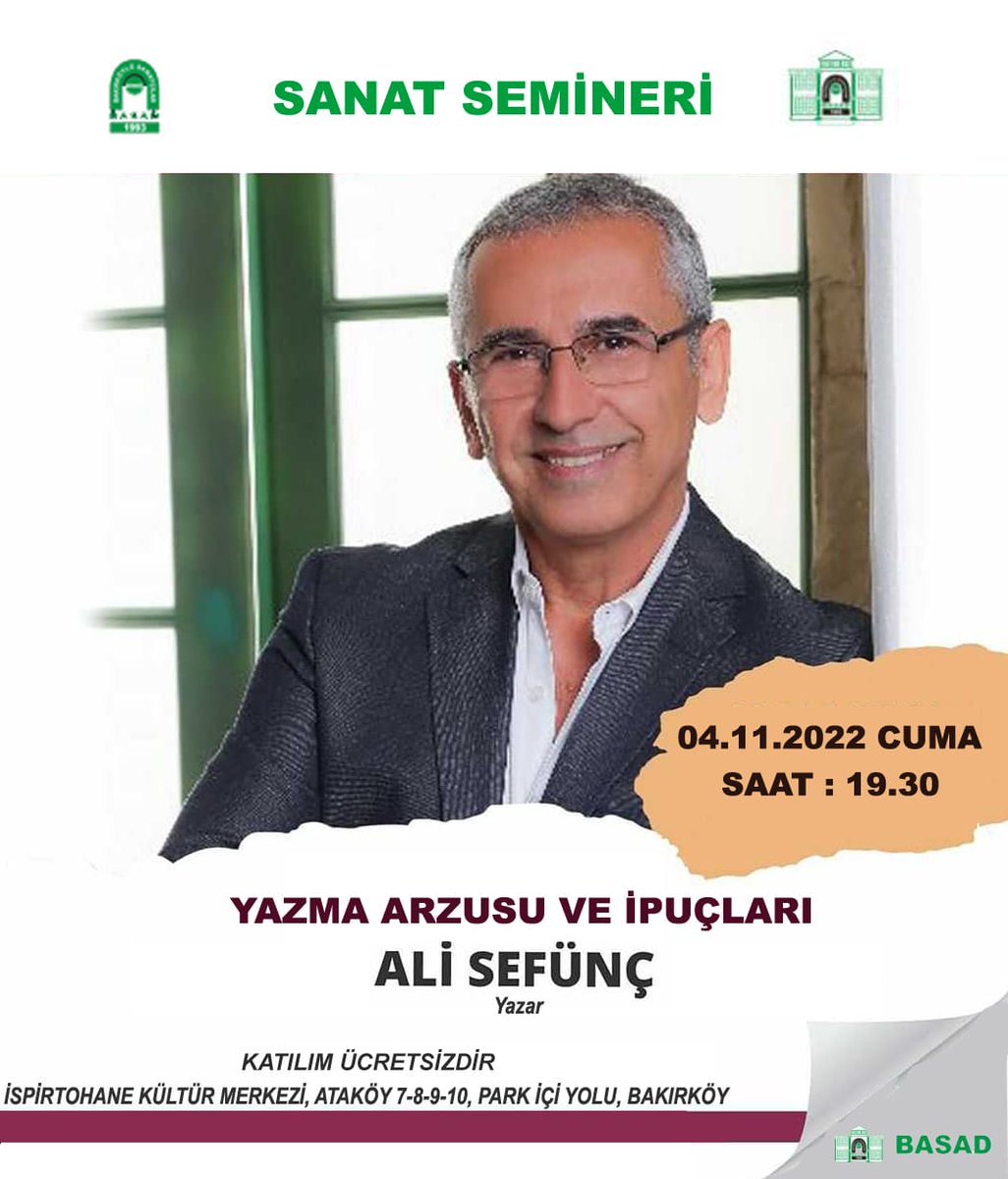 alisefunc's tweet photo. Yazmak için bir neden arayanları, yazma arzusu taşıyıp nasıl başlangıç yapacağını bilemeyenleri, yazarları harekete geçiren düşüncelerle tanışmak isteyenleri BASAD'ın bu etkinliğine bekleriz.
#yazı #yazar #kitap #alisefünç #seminer #kişiselgelişim #basad #sanat #kültür https://t.co/31pFaZSuYq