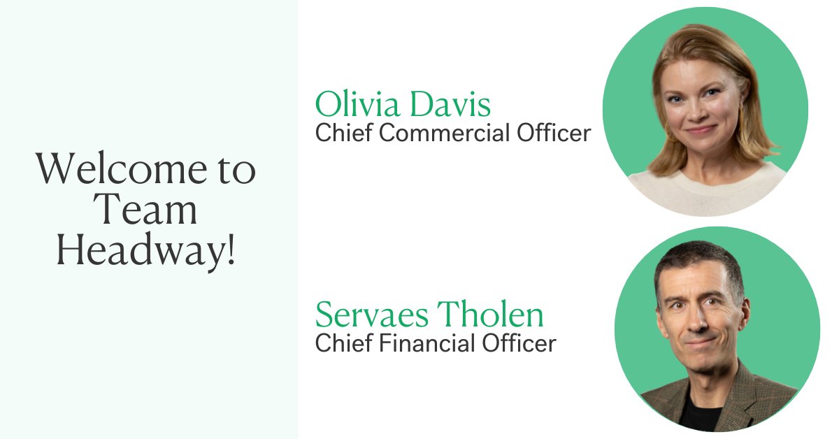 try_headway's tweet photo. We’re thrilled to welcome Olivia Davis as Chief Commercial Officer and Servaes Tholen as Chief Financial Officer to the Headway team! Read more on our blog: https://t.co/QxxsWpOfw6 #mentalhealthcare https://t.co/8VGiiklmTE