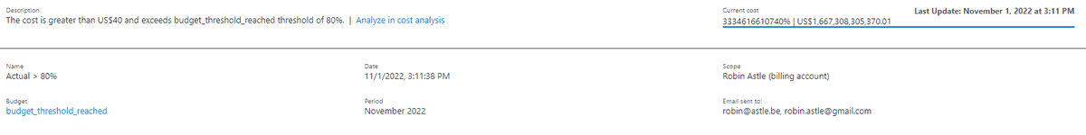 robin_astle's tweet photo. @IBruyninckx @AzureSupport well, looking at actuals I beg to differ :)
Although there's still a budget alert active... and support has not yet gotten back to me on that one.
One of these is wrong though! https://t.co/dl6cZ0qjIq