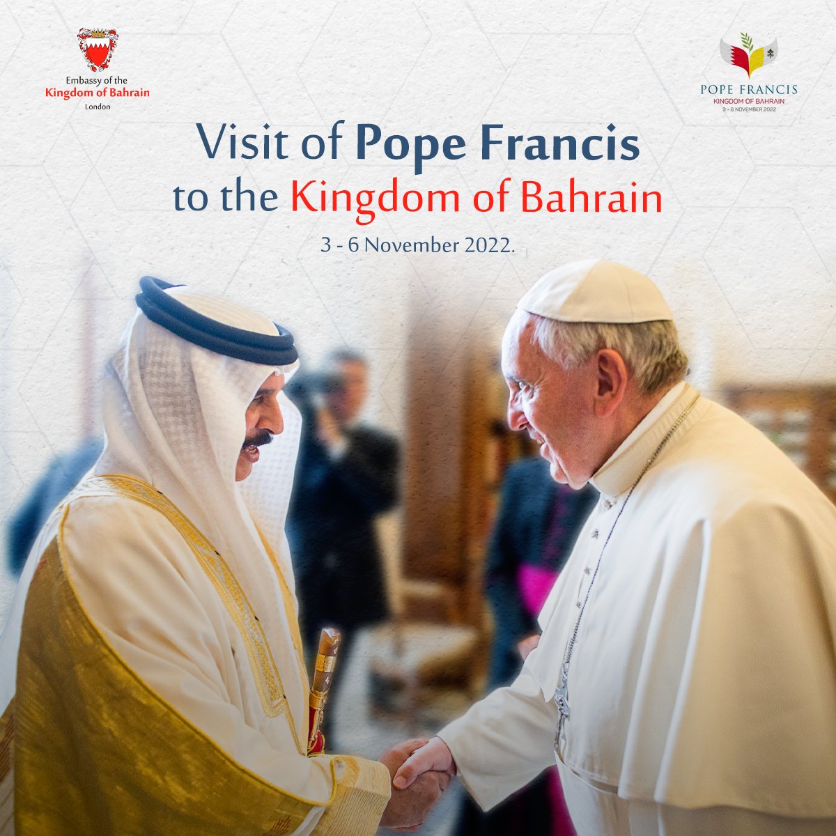 At the invitation of His Majesty King Hamad Bin Isa Al Khalifa, His Holiness Pope Francis will today make a historic visit to the Kingdom of #Bahrain 🇧🇭, home to the biggest #Catholic church in the Arabian Gulf.

#PopeFrancisinBahrain #PopeInBahrain
#البابافرنسيس #البابافاتيكان