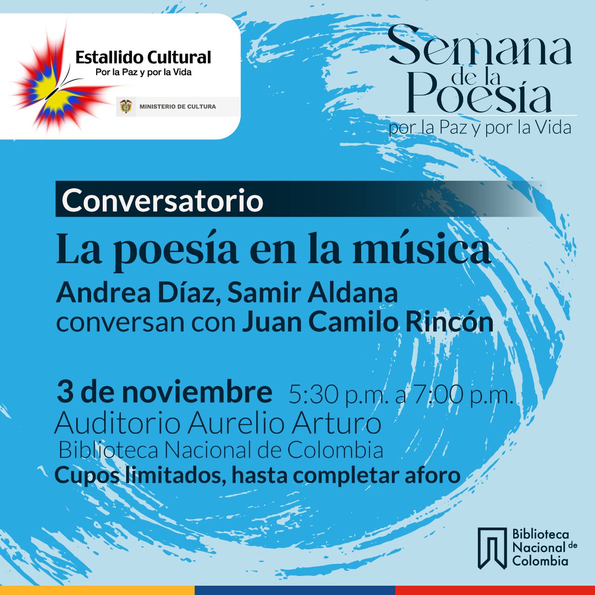Nos vemos hoy Jueves 03 de Noviembre 5:30pm auditorio Aurelio Arturo en el marco de la semana de la Poesia por la paz y la vida que organiza la Biblioteca Nacional de Colombia. Estaremos en un conversatorio y concierto llamado "La poesía en la música"  Entrada Libre