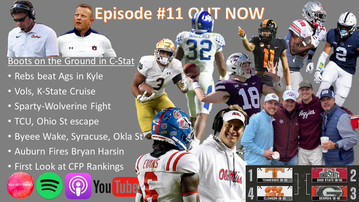 3rdAndLongRDR's tweet photo. Episode #11 is LIVE - Link Below
•JT sings Hotty Toddy chant on air
•Vols &amp; Kansas St cruise 
•Michigan St fights more in tunnel than on the field 
•TCU &amp; Ohio St avoid upsets
•Auburn fires Bryan Harsin
•Initial Reaction of 1st CFP Rankings
https://t.co/COTRZTxsWz https://t.co/tk1NXXrcI1