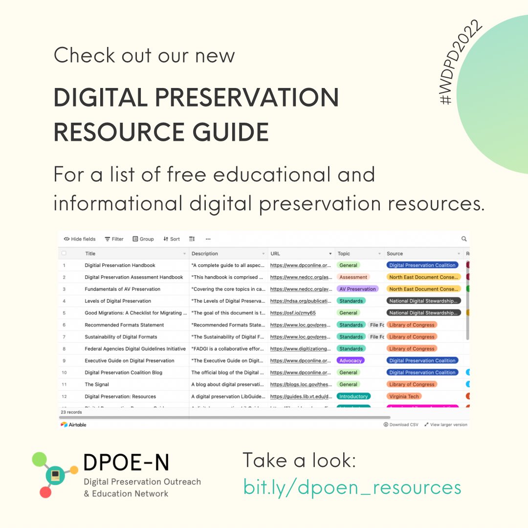 dpoe_network's tweet photo. To celebrate, DPOE-N has created a digital preservation resource guide - now available on our website:

https://t.co/0KvhecQodX

Check it our for free educational and informational resources about digital preservation and related topics. #WDPD2022 https://t.co/RFd9uKfKgL
