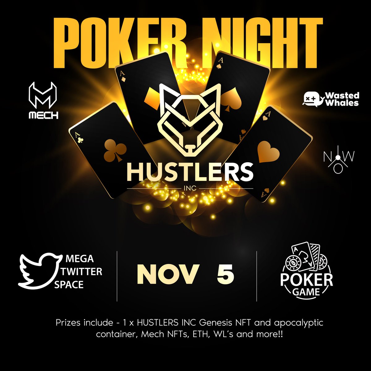 Come one come all! 🔥🔥🔥

Attending so far…

<a href="/HustlersWallSt/">Hustlers Inc.</a> @MechNFT <a href="/WastedWhales/">Wasted Whales</a> <a href="/WATNWO/">The New World Order-MINT DATE: TBA</a> <a href="/BrainlesSpikes/">Brainless Spikes</a> 

Then a mega poker game in our Discord. NFTs, ETH and merch up for grabs! 🤩

discord.gg/hustlersinc

 x.com/i/spaces/1yNxa…

#NFT #NFTs #TwitterSpaces #NFTProjects
