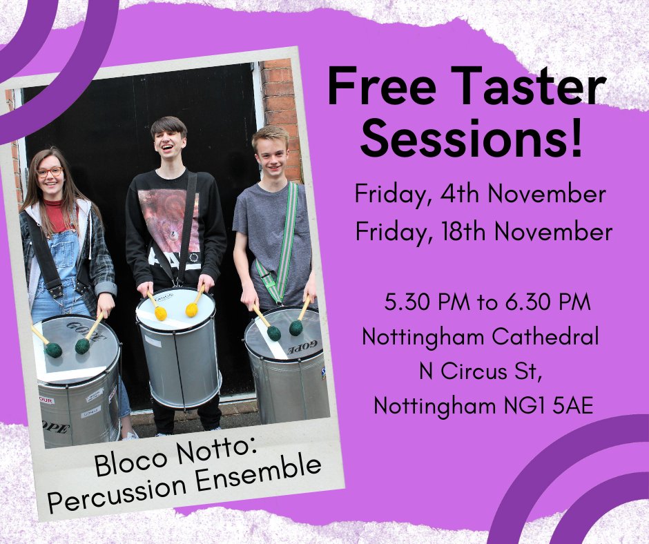 If you love percussion, join us for our FREE taster sessions for Bloco Notto, a percussion ensemble for young people playing a wide variety of styles. For Nottingham City pupils from absolute beginners to those with lots of experience. We look forward to welcoming you!