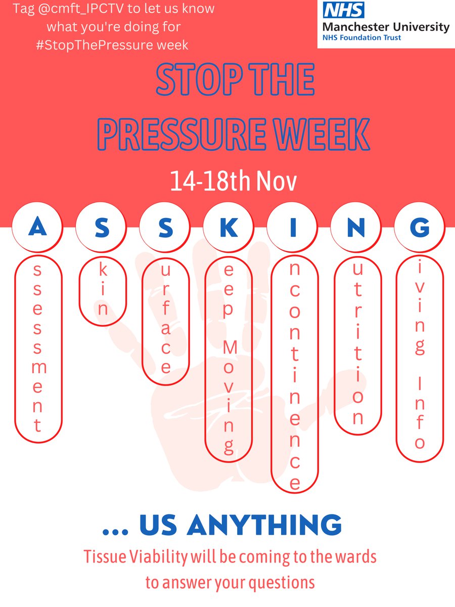 The theme for MFTs Stop the Pressure week 2022 is risk assessment and prevention of pressure ulcers. Following the ‘ASSKING’ algorithm, we will be attending the wards and are asking you to ASSK us anything! <a href="/WTWAeducation/">WTWA Corporate Education Team</a> <a href="/BeckieHughes8/">Beckie Hughes 💛💫</a> <a href="/TntTracy73/">Tracy Kelly</a> <a href="/QualityWTWA/">WTWA Improving Quality</a> <a href="/MFT_QIT/">Quality Assurance Team</a> <a href="/MFT_PRET/">MFT Pre-Reg Education Team</a>