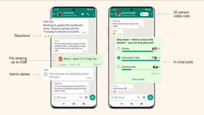 TheCluesTech's tweet photo. New Features introduced by WhatsApp to all. 

- 32 person video calls
- In-chat polls
- Reactions
- File sharing up to 2GB
- Admin delete
- Communities

#WhatsApp https://t.co/hrHUFblDGN