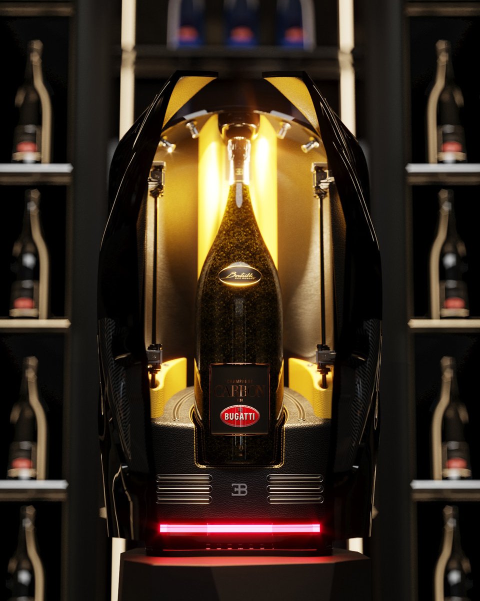 Bugatti's tweet photo. 'Bouteille Sur Mesure' brings together the finest vintages of Champagne Carbon with the endless possibilities of Bugatti Sur Mesure. Everything from the grapes to the finish of the 15-L bottle and the sculptural case of different BUGATTI models can be personalized.

#BUGATTI https://t.co/LyTQhT6o2F