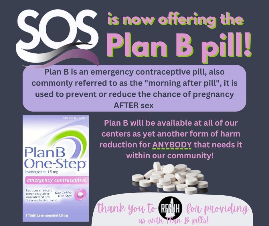 Our friends over at @SOS_RCO have an exciting announcement!! They will now be offering Plan B Pill to the community at all of their locations! Shout out to our friends at @ReproFundNH 💜 💜 💜 - - - #HarmReduction #NH #PublicHealth