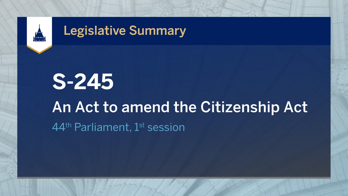 LibraryParlCA's tweet photo. Bill #S245: An Act to amend the Citizenship Act (granting citizenship to certain Canadians) passed in the #SenCA in May and is at 2nd reading in the #HoC.
Read our legislative summary to learn more: https://t.co/SLBBXkG2FV https://t.co/KpKMPUMk0T