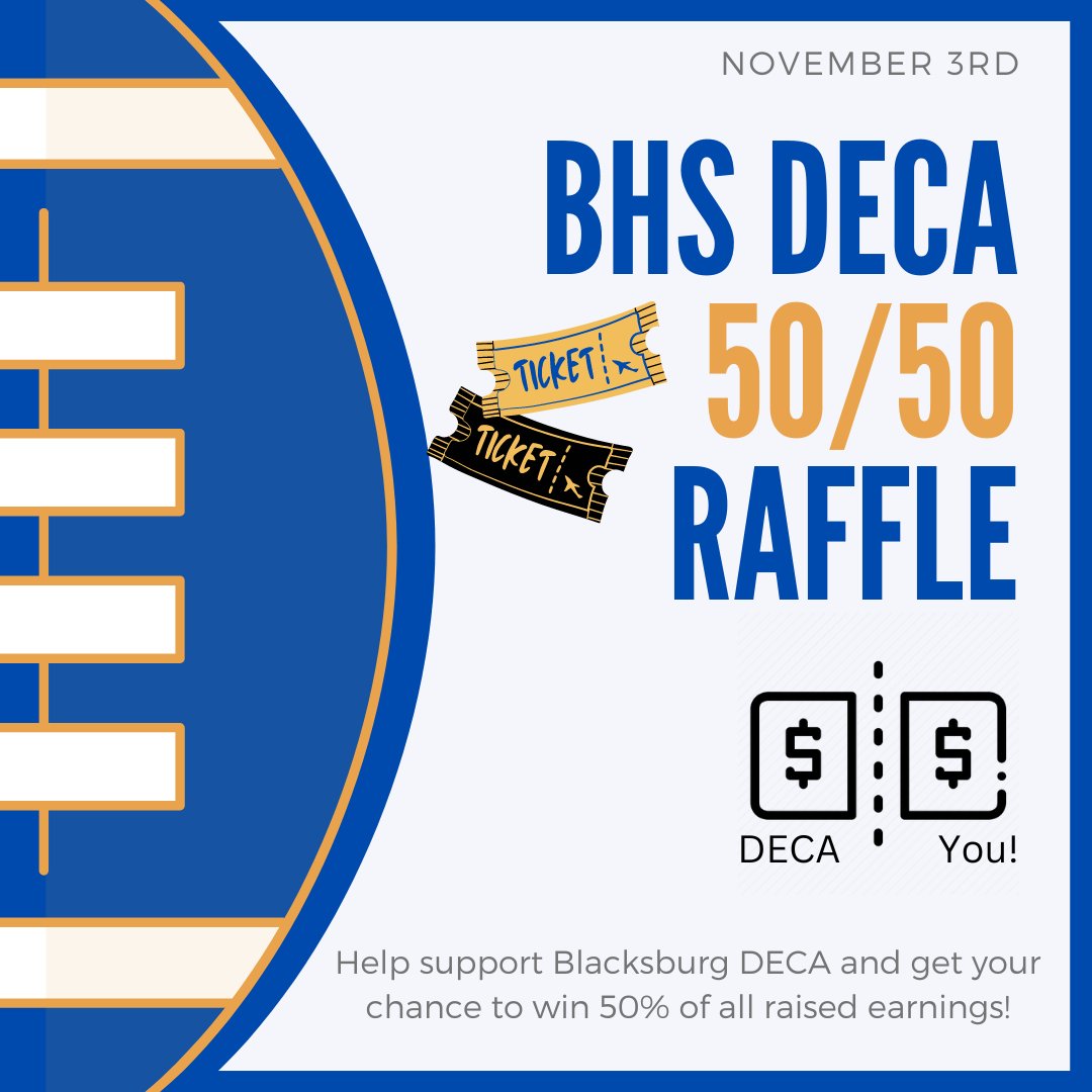 Help support Blacksburg DECA at tonight's football game! We are selling raffle tickets at 1 for $5, 3 for $12, and 5 for $15. The winner of the raffle gets half of the profit. Happy Raffling!🎟️ <a href="/CatleysClasses/">Ms Catley</a> <a href="/BburgHSBruins/">Blacksburg High</a>