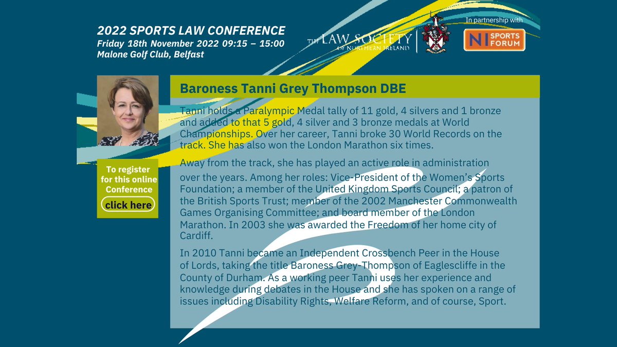 SportsLawCon's tweet photo. Ahead of our Conference we will be sharing pen pics on our speakers.

First up, we are delighted to virtually welcome our keynote speaker, Baroness Tanni Grey-Thompson DBE-DL.

https://t.co/7jBTNupjvx https://t.co/6aRzg5XEcq