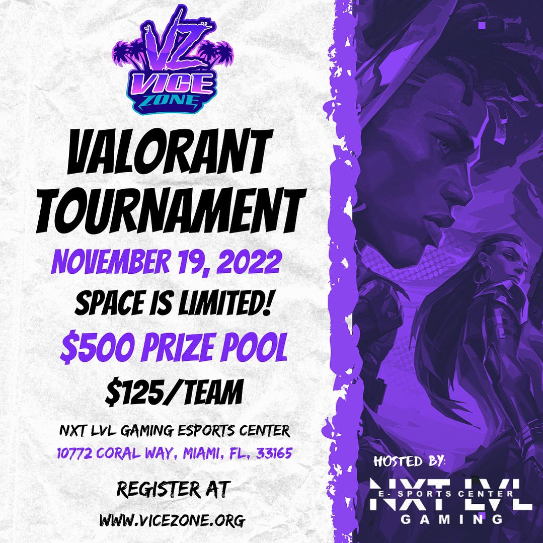 ViceZonegg's tweet photo. Agents, get ready for another day of competition 🏆🟣⚫️
November 19th, we will be having our second Valorant Tournament hosted at
@nlgmiami
Space is limited!
Have any questions? DM us or join our discord and reach out to an admin!
#valorant #vicezone https://t.co/9M46b2pC0x