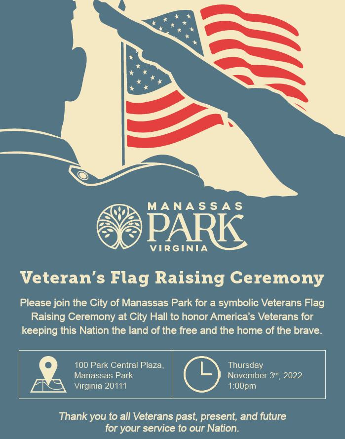 🇺🇸 Parks and Recreation will be at the #ManassasPark Veteran's Flag Raising Ceremony today at 1pm! The City will be honoring all Veterans, past, present and future, with a symbolic flag raising ceremony at City Hall.