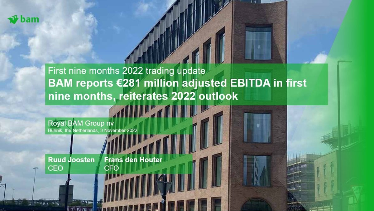 BAMGroep_NL's tweet image. Onze conference call (Engels) van Ruud Joosten, CEO, en Frans den Houter, CFO,  met analisten over de resultaten van de eerste negen maanden van 2022 is hier terug te luisteren ( (zie Q3 audiocast)👉: orlo.uk/0MbZ1 

#Q32022 #conferencecall #audiocast