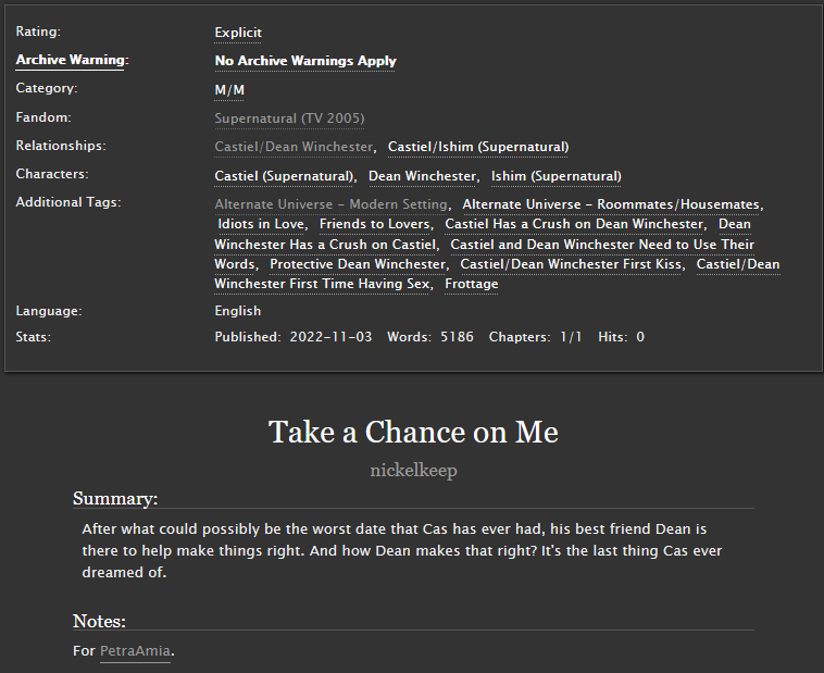 nickelwrites's tweet photo. The first of two fics, done for @profoundbondnet's PB Exchange: Throwback.

This one was done for the wonderful @DeanCodedCasNB. Love you, my dear. <3

Take a Chance on Me
Dean/Cas
Explicit
Wordcount: 5K
Link to the fic:
https://t.co/QJhQrS0CzR https://t.co/OoV1p8yCAU