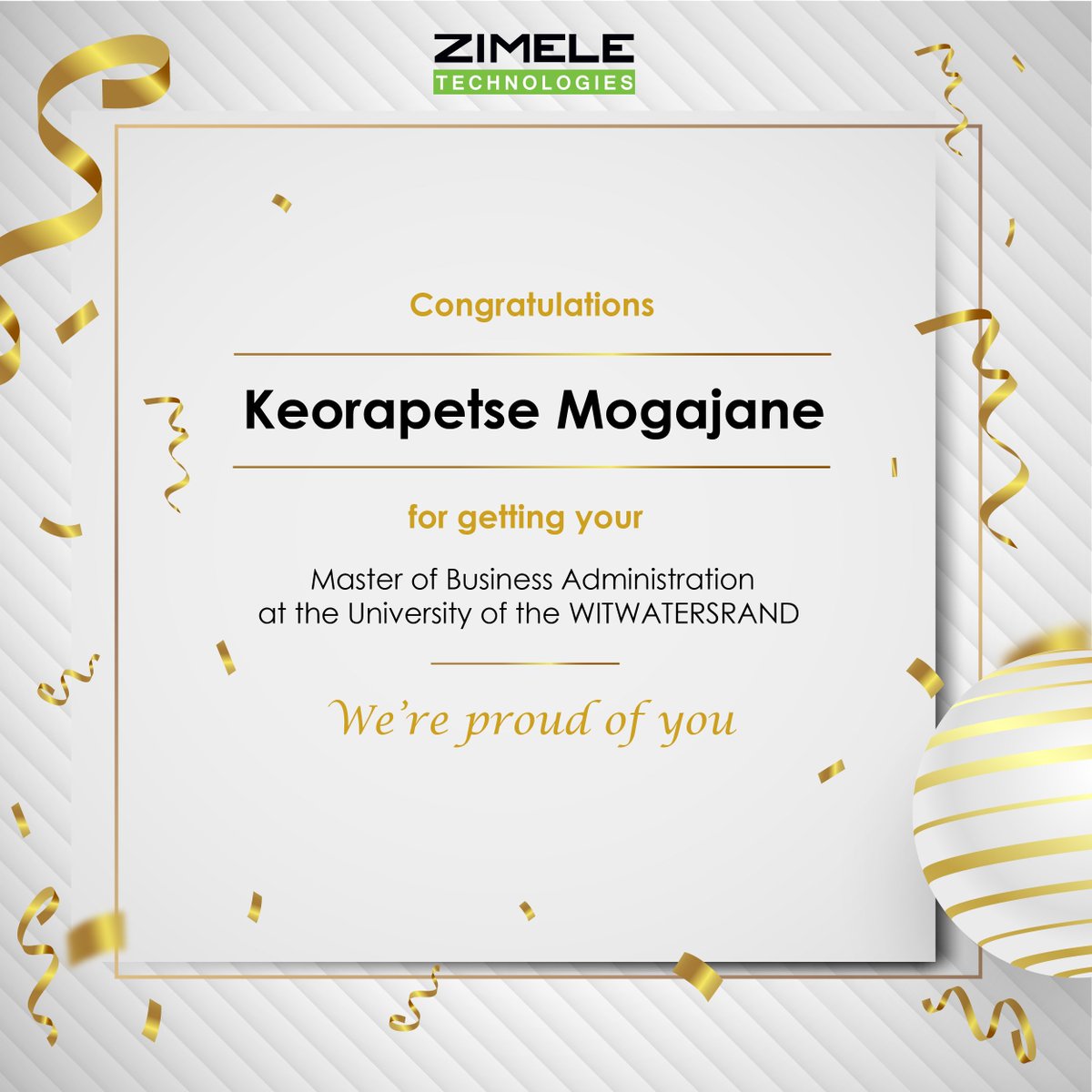 Keorapetse Mogajane, Congrats on your outstanding achievement. 

This is a significant milestone!

All the best for the future @ its challenges & opportunities.

You are a true inspiration! 

#ProudMoment
#EducationalMilestone
#ZimeleTechnologies
#CuttingThroughTheITclutter