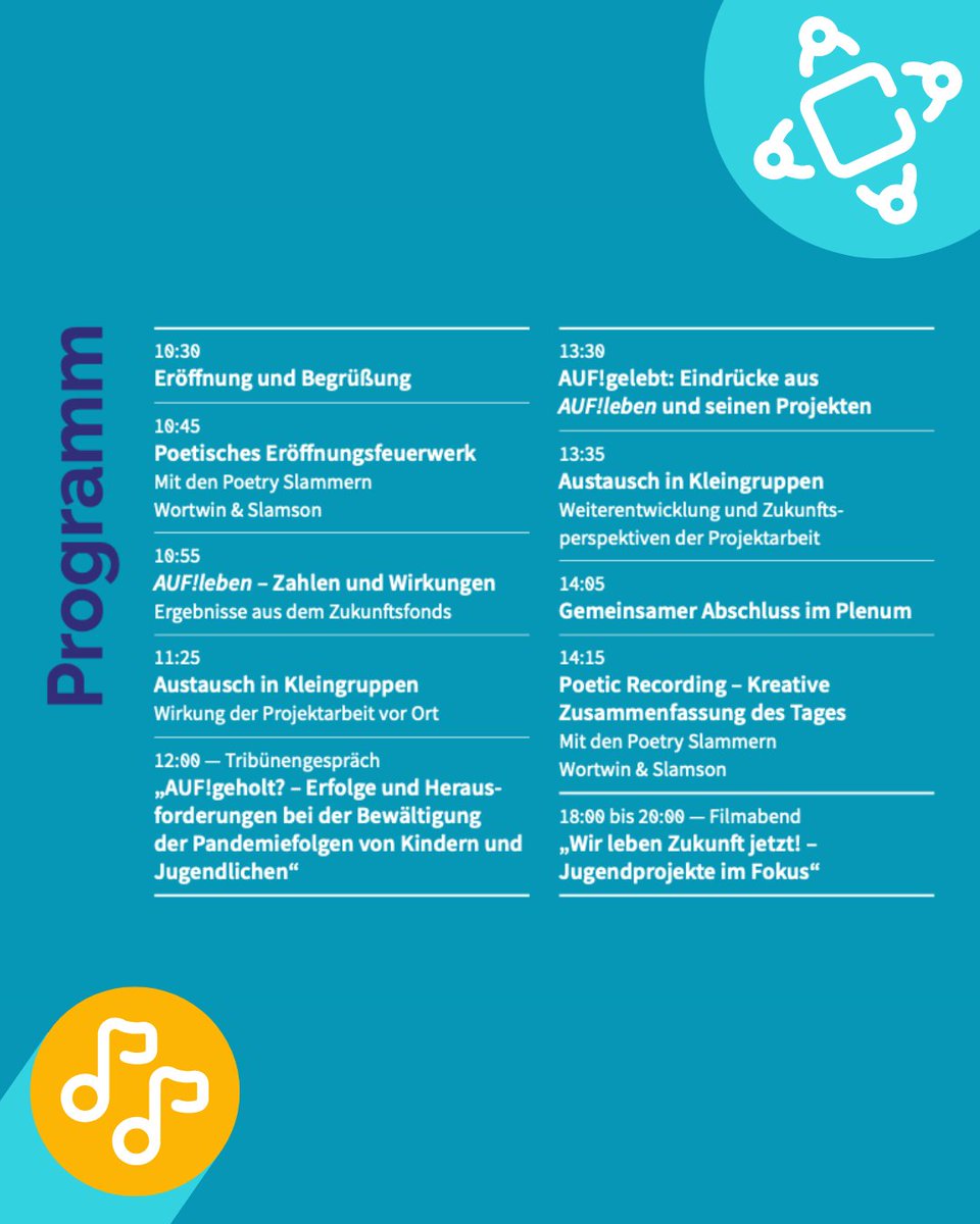 AUFleben_dkjs's tweet photo. 🥳 Wir laden ein – zu „AUF!gelebt“, unserer #AUFleben-Abschlussveranstaltung am 15.11.2022, von 10:30-14:30 Uhr. Lasst uns gemeinsam ein Resümee ziehen, einen Blick in die Zukunft werfen und ein erfolgreiches Jahr feiern! Infos: https://t.co/ktR8h5zFpa @dkjs_bildung @BMFSFJ https://t.co/N5Q4pvkzEs
