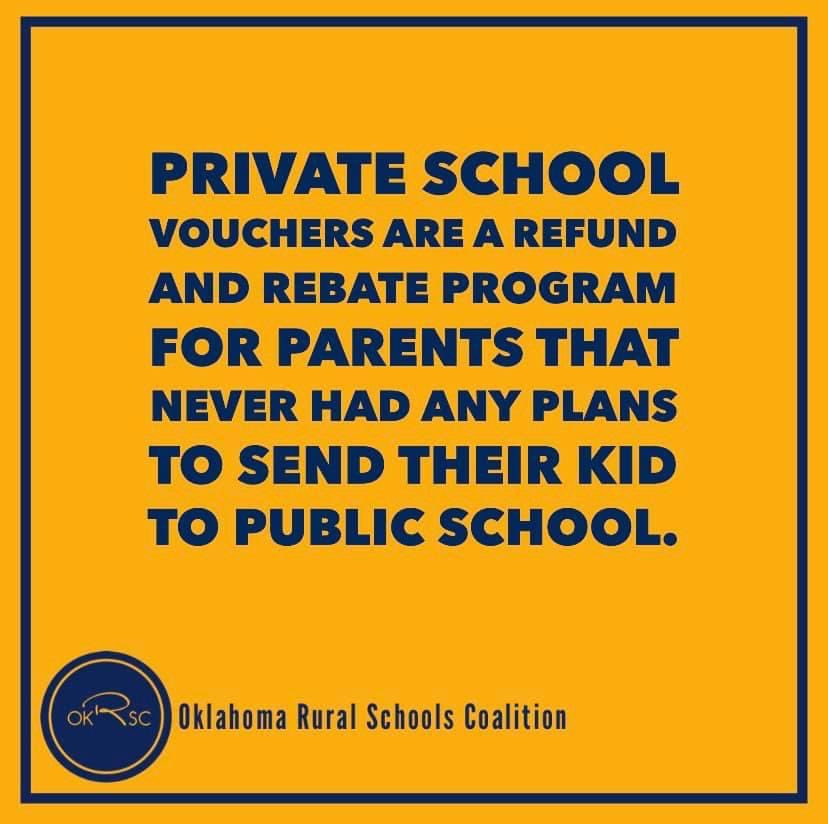 The amount of $ a voucher plan will pull from rural schools is significant. When you hear about vouchers being a “rural school killer” that’s 100% correct. Voting for pro-voucher candidates on Tuesday will harm your rural public schools. Vote wisely. 

#oklaed