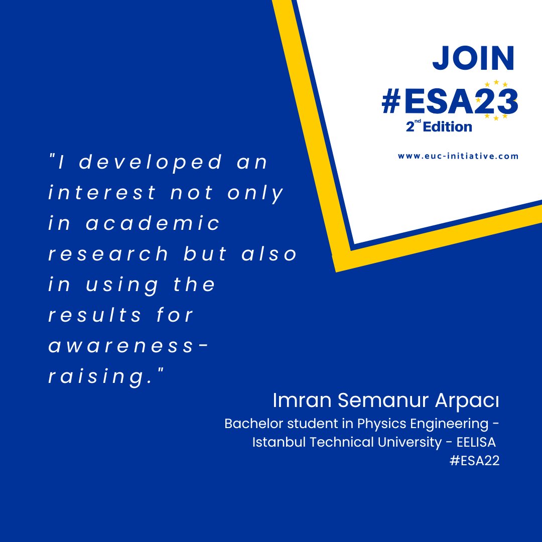 📣Applications to ESA 2023 are open! Be one of the next participants to the European Student Assembly in Spring 2023 (31 May-June 3)! 🇪🇺 Please read the handbook attached before applying: eucinitiative.wordpress.com/.../esa23-how-… ⚠️The deadline to submit your application is 4th December 23:59 CE⚠️