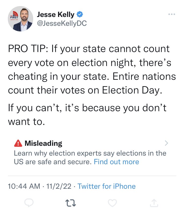 BowTiedRanger's tweet image. Holy cow. They tagged @JesseKellyDC’s tweet about multi-day vote counting as misleading and outright banned likes, replies &amp;amp; retweets (only allows QTs).

Would be a shame if Jesse’s message continued to spread without the Stasi algorithm picking up on it.