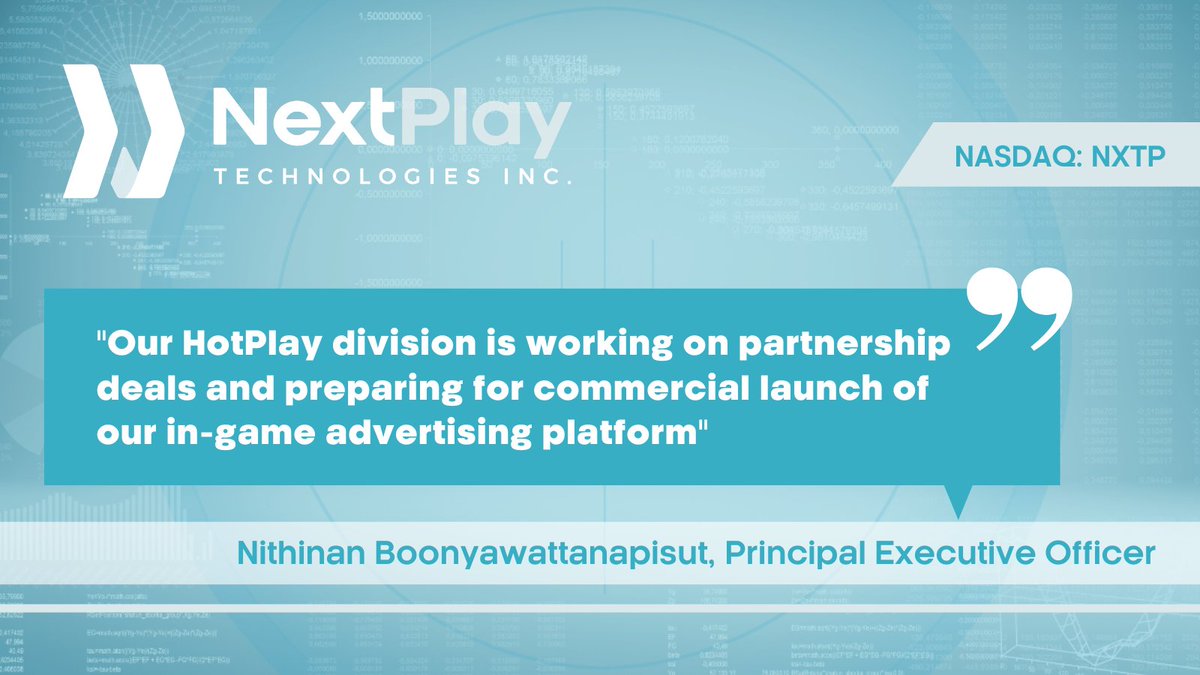 NextPlayTech's tweet photo. HIGHLIGHT | "Our HotPlay division is working on partnership deals and preparing for commercial launch of our in-game advertising platform" — Nithinan Boonyawattanapisut, Principal Executive Officer 
🔗 Read more » https://t.co/19ZEA334Yd 
#fintech #NASDAQ 🇺🇸 $NXTP https://t.co/SCRgfSBOcZ