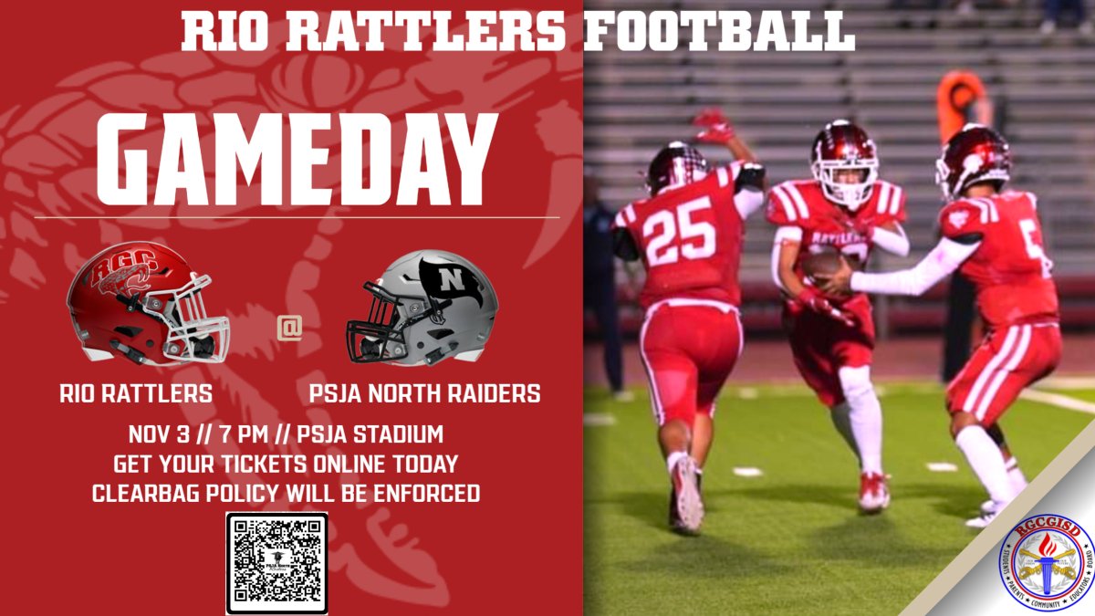 rgcg_athletics's tweet photo. GAMEDAY: Our Mighty Rattlers will be traveling to PSJA Stadium to take on the PSJA North Raiders tonight at 7pm.  Best to our Mighty Ratters in their season finale.  Tickets available online &amp; a clearbag policy will be enforced.   #goriogo #RGCGISDproud @rgcgisd @rgcfootball https://t.co/2OGVmzqpg0