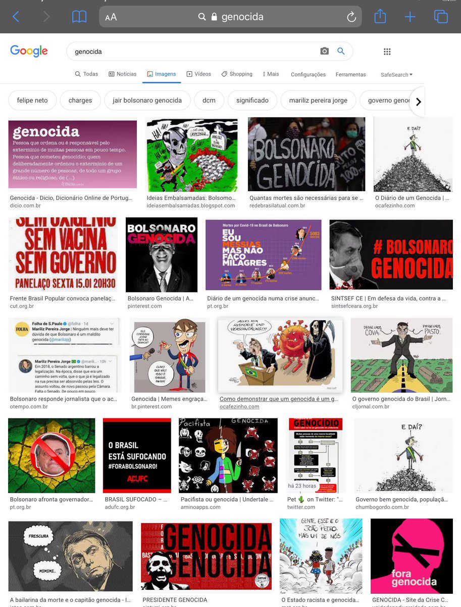Até o Google já reconhece Bolsonaro genocida. Basta digitar “genocida” e ir no menu “imagens”.