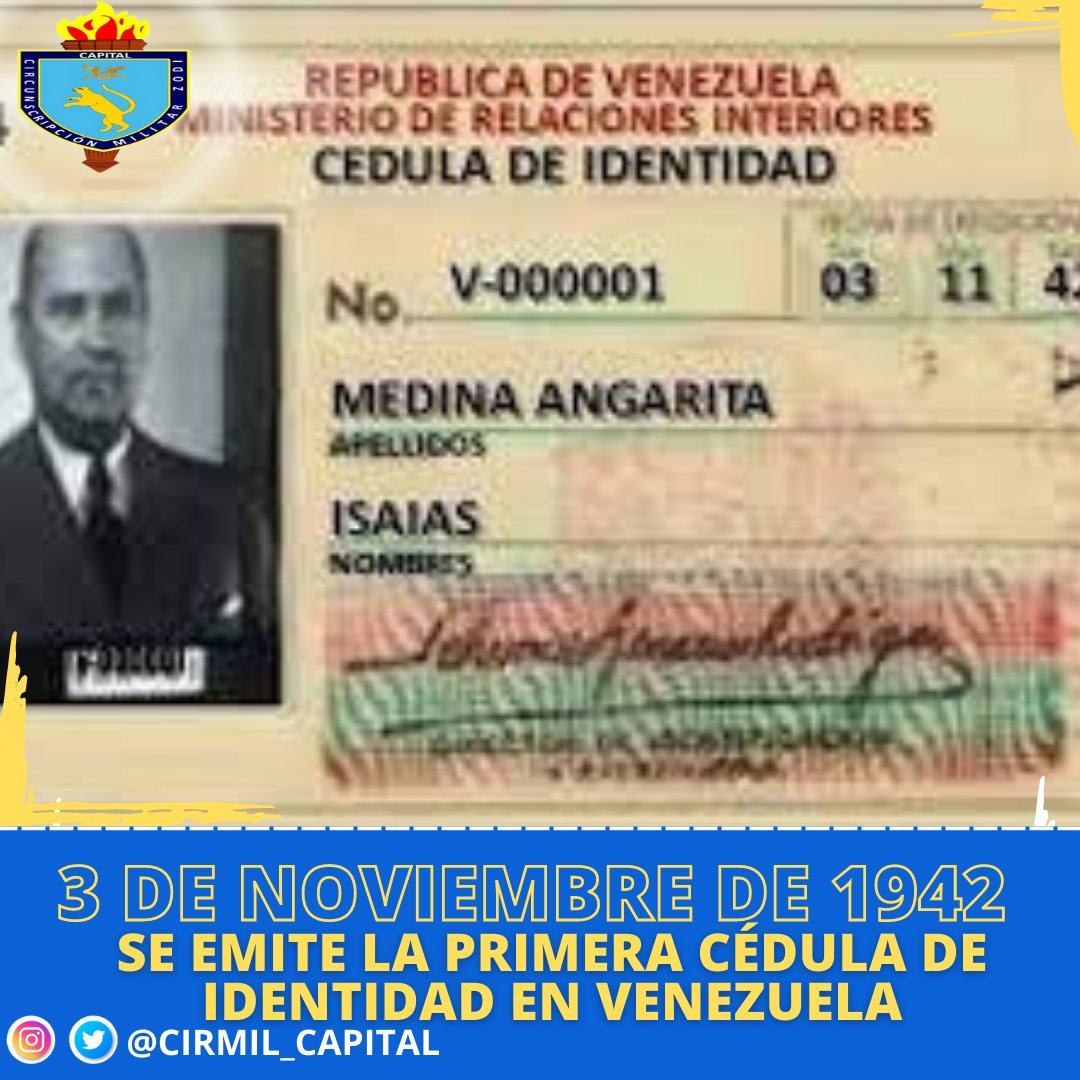CIRMIL_CAPITAL's tweet image. #03Nov22. El 03 de Noviembre de 1942, se emitió la primera Cédula Venezolana. El primer Venezolano en obtenerla fue el General Isaías Medina Angarita, quién fue Cedulado con el Número de Identificación V-00001.
#TrabajoConjuntoYSeguro