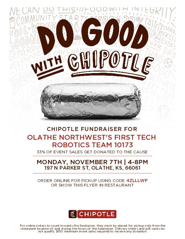 Hey everyone! We have a chipotle fundraiser coming up on November 7th from 4-8pm at the Chipotle on Santa Fe and K-7. Remember to tell them we sent you. Please come out and support the team!