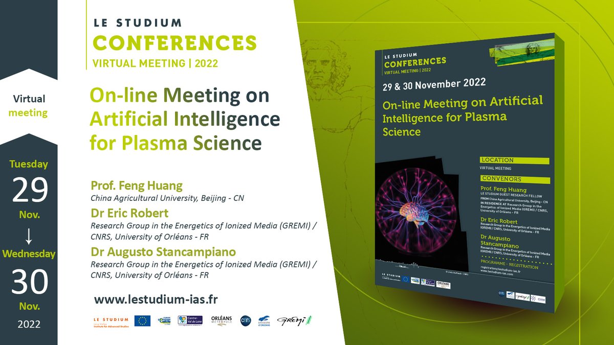LESTUDIUM's tweet photo. [Programme Online]
The programme for the conference «On-line Meeting on Artificial Intelligence for Plasma Science» is now available online.
👉 𝗜𝗻𝗳𝗼 https://t.co/ctO4wq9Awr

@CNRS @Univ_Orleans @athena_europe 
#plasmascience #plasmamodeling #plasmamedicine #plasmaagriculture https://t.co/QyOhsvHDU0