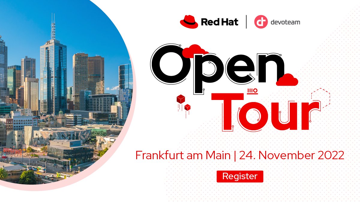 Die Anmeldung für unsere <a href="/RedHat/">Red Hat</a> Open Tour 2022 ist eröffnet 🥳
Freuen Sie sich auf die neuesten und interessantesten Updates zu Innovation, Digitalisierung, Open Source Software, AppDev und vielem mehr.
👉 devo.team/XDWWQ