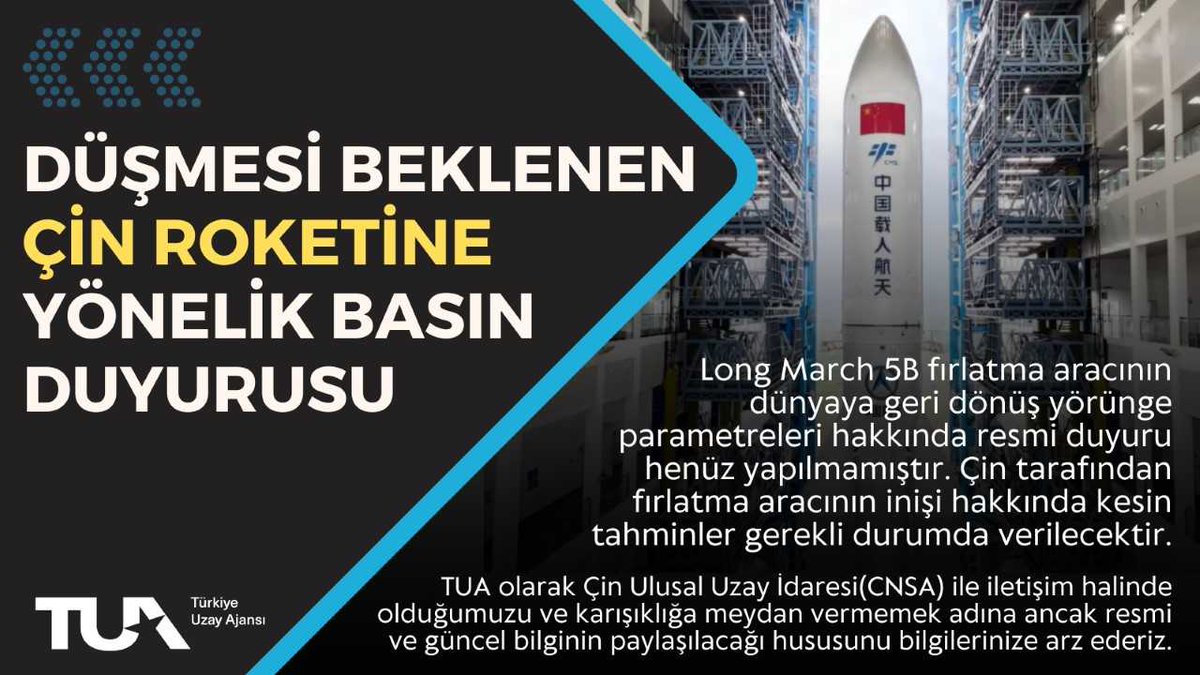 Çin’e ait Long March 5B isimli fırlatma aracının Türkiye’ye düşeceği yönünde bugün basında çeşitli haberler yer almıştır. Konuya yönelik açıklamamızı inceleyebilirsiniz.👇