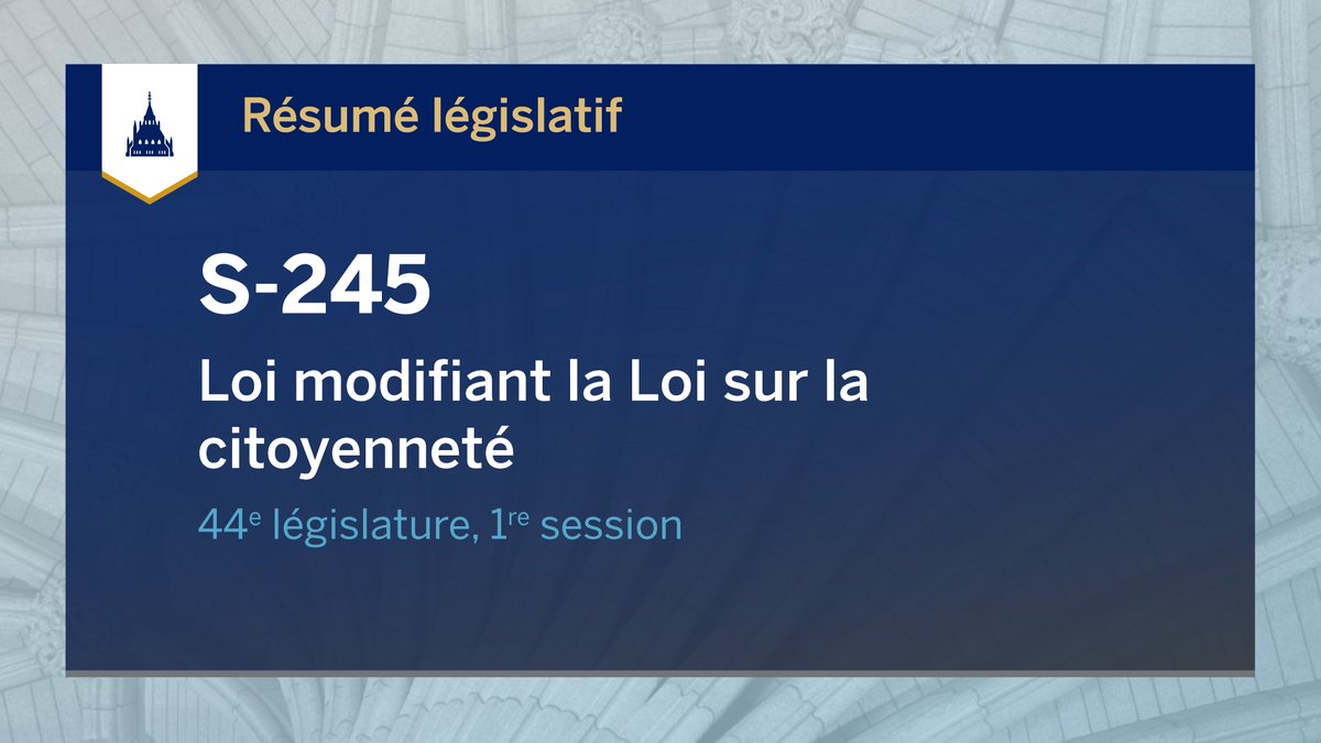 BiblioParlCA's tweet photo. Le projet de loi #S245 : Loi modifiant la Loi sur la citoyenneté (attribution de la citoyenneté à certains Canadiens) a été adopté par le #SenCA en mai et est à la 2e lecture à la #Cdc.
Lisez notre résumé législatif pour en savoir plus :
https://t.co/eFwFvK9bEU https://t.co/t94BnwMHyq