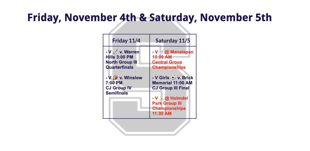 A day to breathe! Nothing on the schedule today, but an exciting Friday &amp; Saturday ahead! Tickets for both home games here:

Friday's Football Game v. Winslow: middletownk12.hometownticketing.com/embed/event/25

Saturday's Soccer Game v. Brick Memorial: njsiaa.org/tickets

<a href="/JRCarroll4/">Rich Carroll</a> @StacyATCSouth