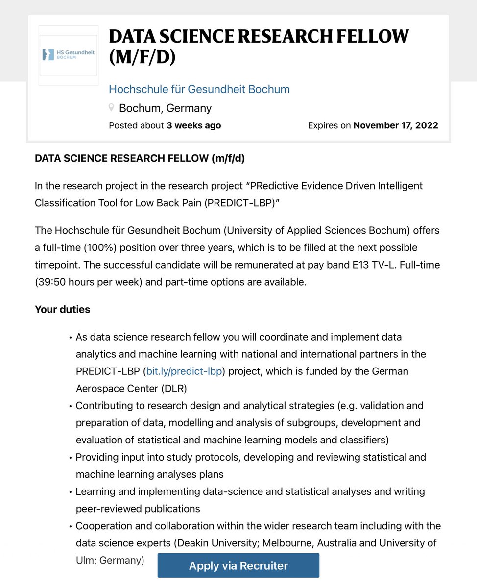 3 year #postdoc #DataScience in <a href="/DLR_de/">DLR_de</a> funded project 👇

go.nature.com/3syDfag

Application due 17th November!

People at end #phd welcome to apply.

<a href="/AcademicChatter/">Academic Chatter™</a> 
#AcademicTwitter #phdchat #phdlife 

#artificialintelligence #machinelearning #bigdata #deeplearning