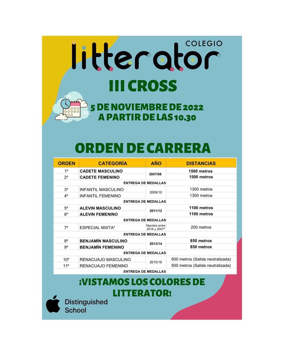 📣PRÓXIMA CITA DEPORTIVA🔊

 3ª jornada de Cross Escolar del curso 2022/23 que tendrá lugar en el Raso de la Estrella el próximo día 05 de noviembre a partir de las 10.30h.

Anímate a correr y viste los colores de tu Colegio !
🏃🏼‍♂️🏃🏼‍♂️🏃🏼‍♂️🏃🏼‍♂️🏃‍♀️🏃‍♀️🏃‍♀️🥇🥈🥉👏🏻🙌🏻💪🏻

#colegiolitterator